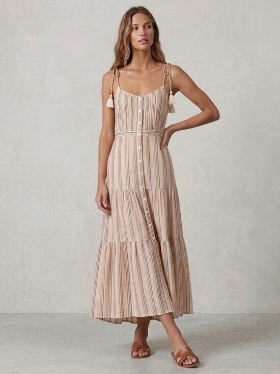 Veronica Beard Dresses & Skirts - Veronica Beard Striped Cotton Lurex Tiered Maxi Dress Button Front XS Tassels
